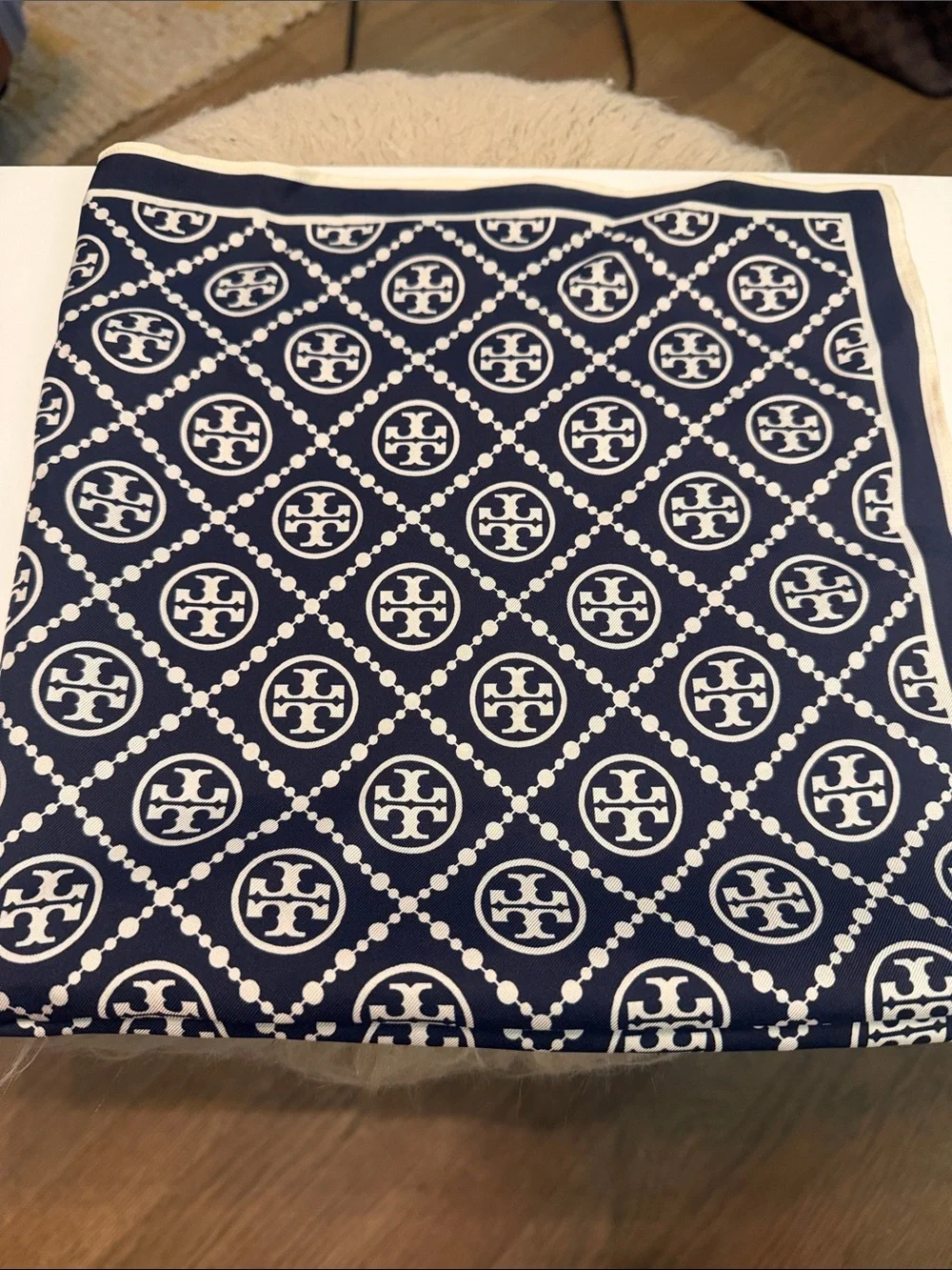Tory Burch Navy and White Monogram Logo Silk Square